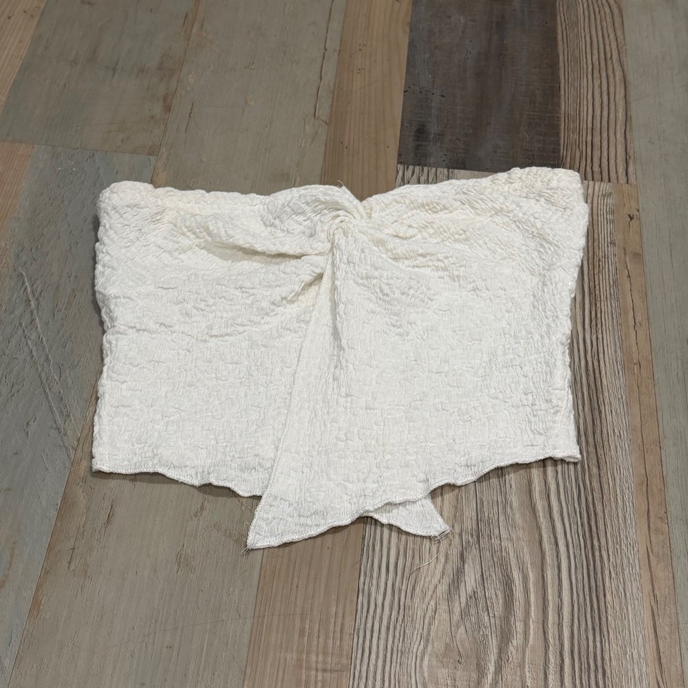 Textured Front Knot Strapless Tube Top Size Small White Cotton Blend Bandeau